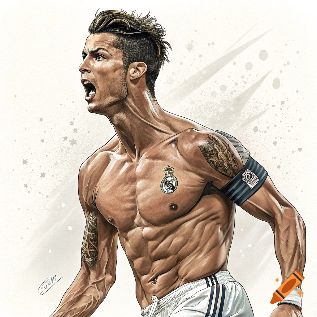 Stylized illustration of a shirtless Cristiano Ronaldo flexing, shouting, wearing white shorts and a Real Madrid crest.