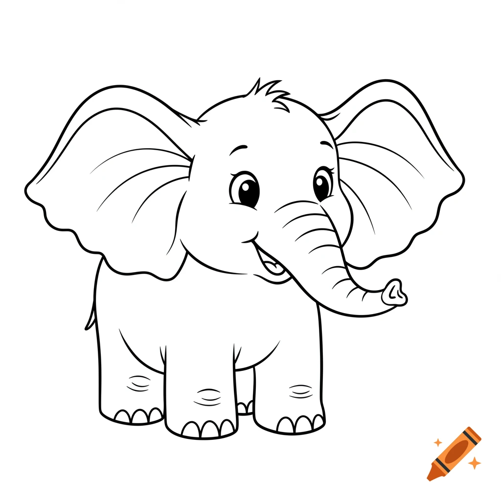 Line art of a smiling cartoon baby elephant with big ears.