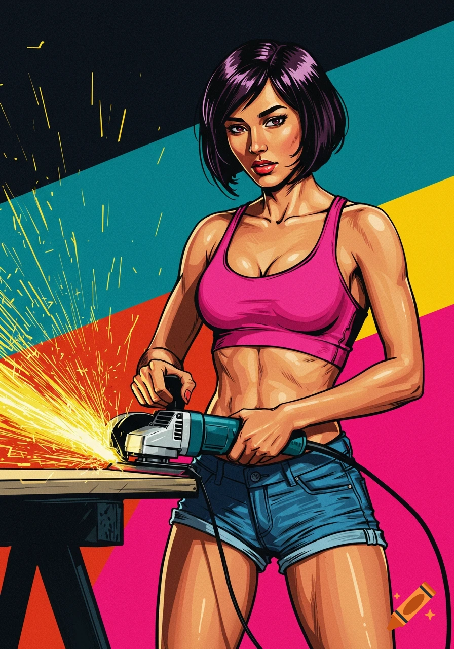 A woman in a pink sports bra and denim shorts uses an angle grinder, set against a colorful pop art background with sparks flying.