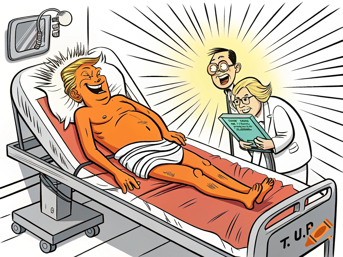 Cartoon of orange-skinned Donald Trump laughing in a hospital bed with two doctors, in a political cartoon style.