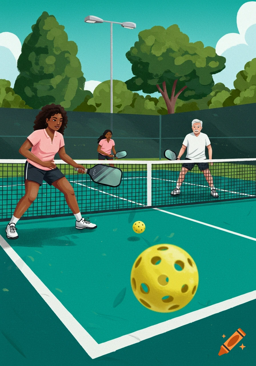 An illustration of three people playing pickleball on a green outdoor court with trees in the background.