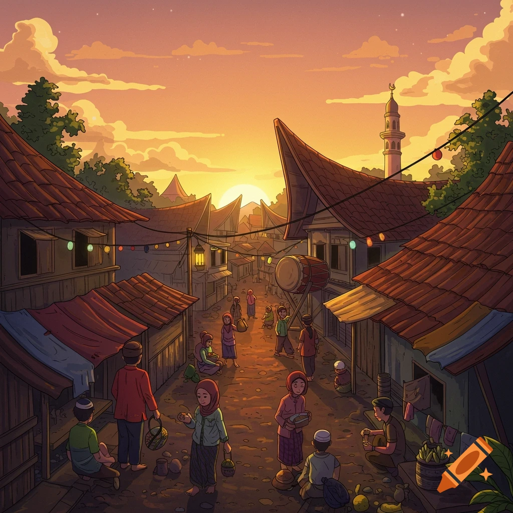A vibrant illustration of a village street at sunset, with traditional houses, people, and a distant mosque minaret.