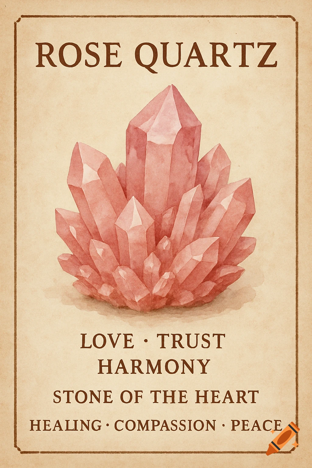 Watercolor illustration of a pink rose quartz crystal cluster on an antique information card with text about its properties.