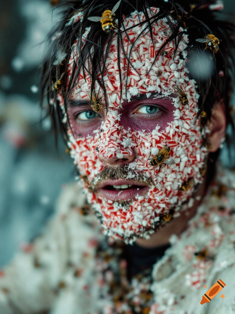 Close-up portrait of a man with his face covered in crushed peppermint candy and bees, looking intensely at the viewer.