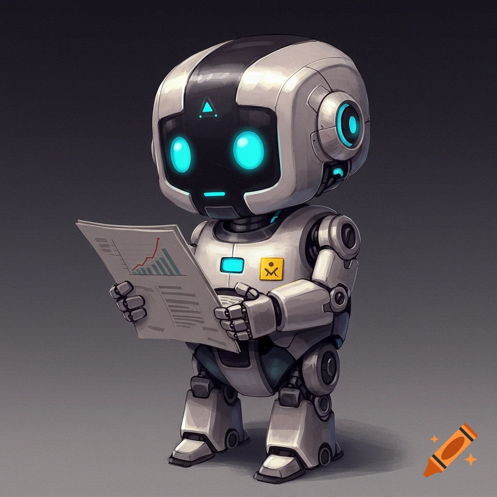 An adorable chibi robot with glowing blue eyes holds a paper displaying a line graph and illegible text.