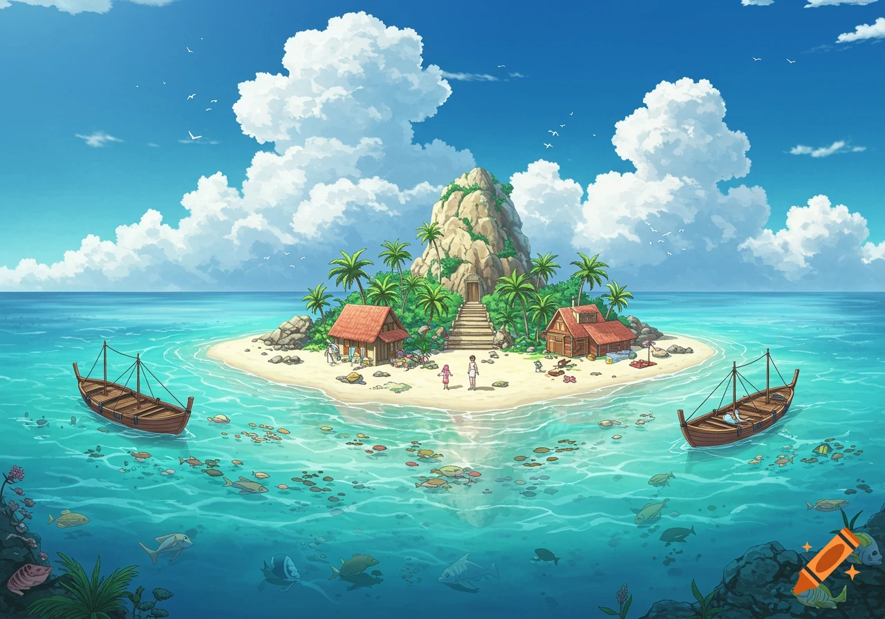 A vibrant anime-style tropical island with a rocky mountain, houses, and palm trees, surrounded by turquoise ocean with boats and fish, under a blue sky with fluffy clouds.