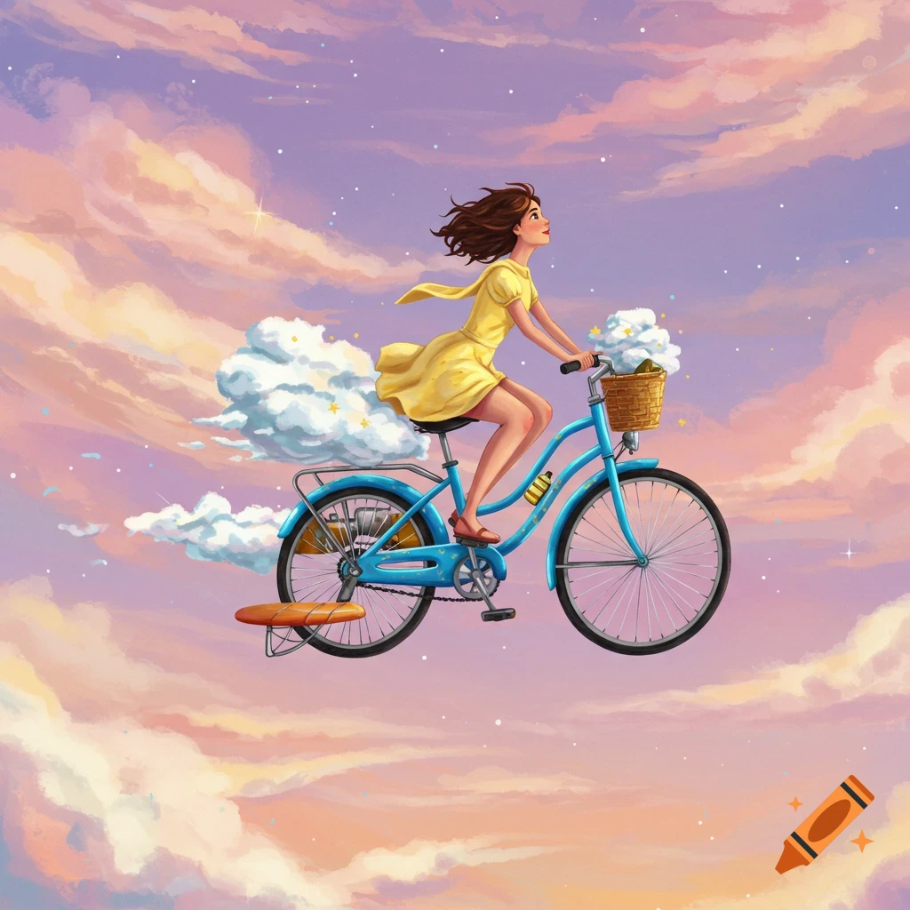 A stylized illustration of a girl in a yellow dress riding a blue bicycle through a pastel sky with clouds and stars.