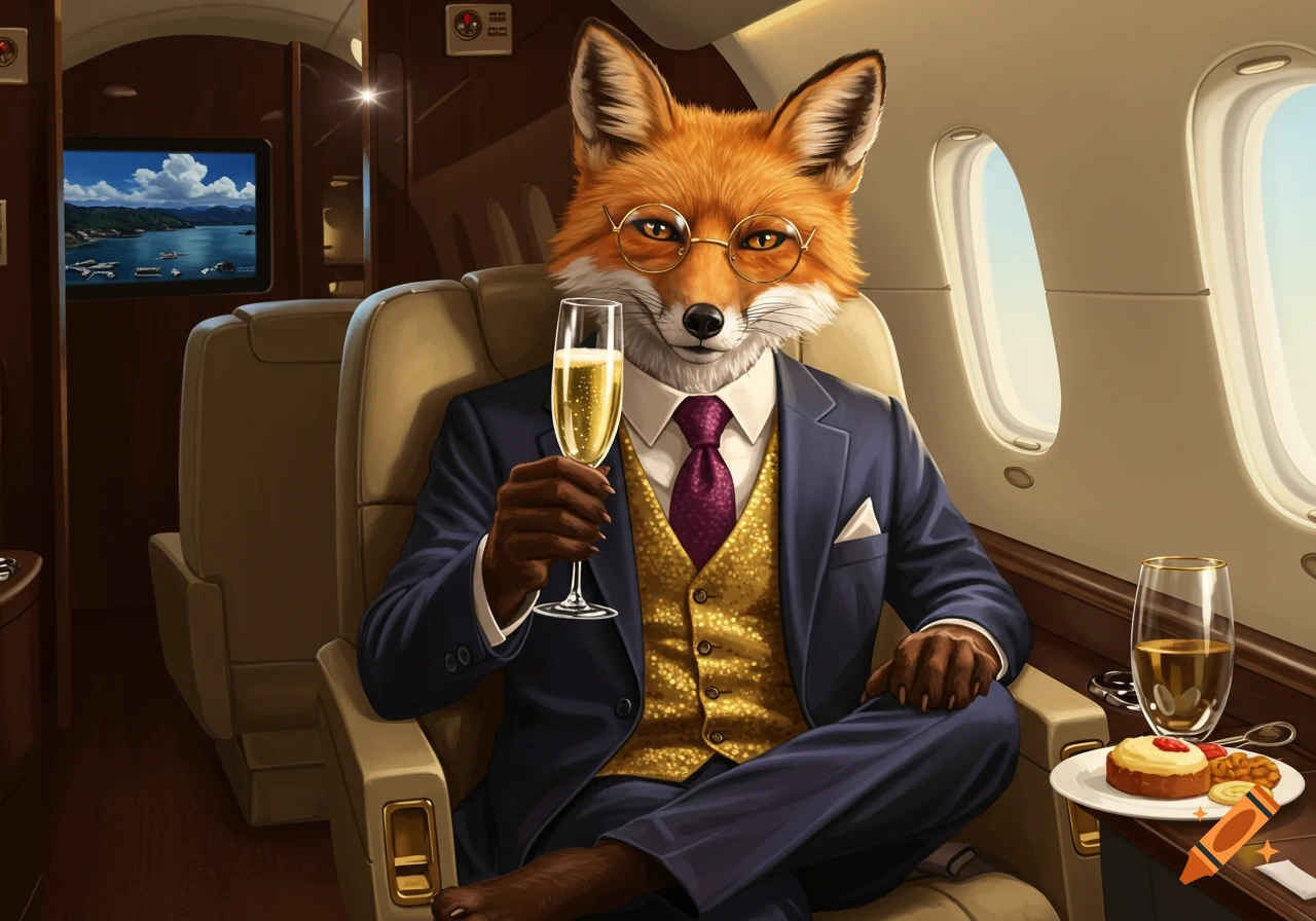A dapper anthropomorphic fox in a blue suit and gold vest with glasses sips champagne on a private jet. Realistic illustration.