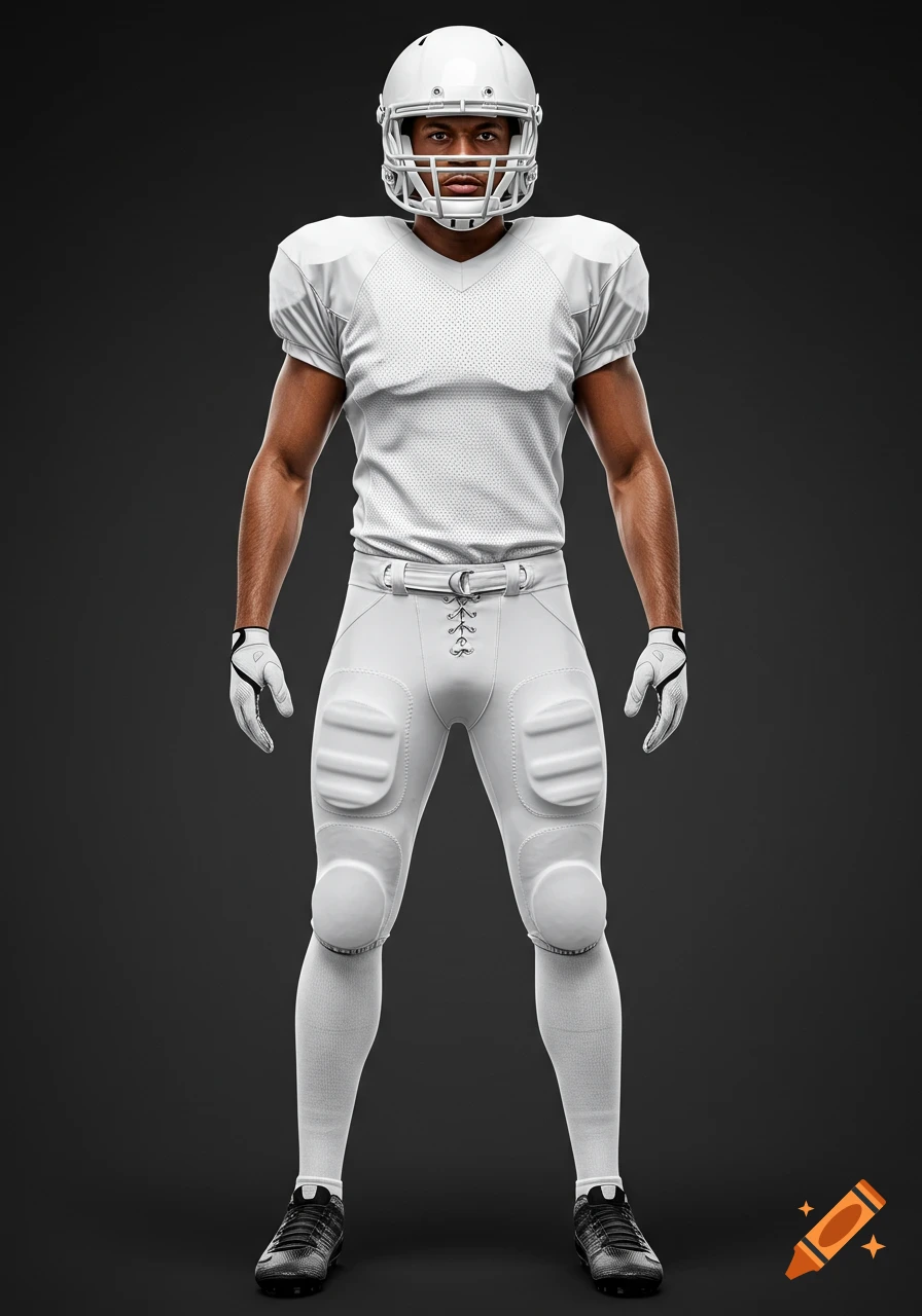Photorealistic image of an American football player in an all-white uniform and helmet standing against a dark background.