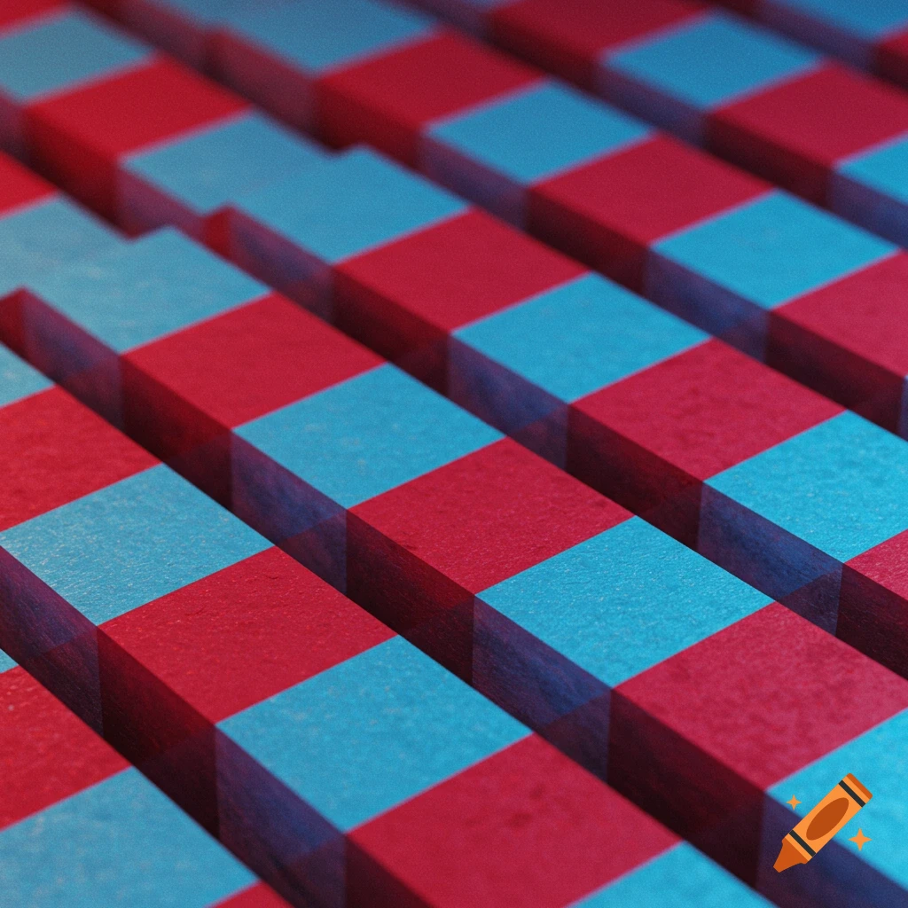 A 3D checkerboard pattern made of alternating red and blue rectangular blocks, viewed from an angle.