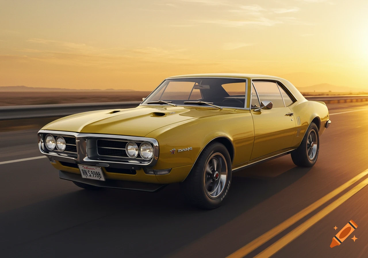 A yellow 1968 Pontiac Firebird drives down a highway at sunset, with golden light reflecting off its sleek body.