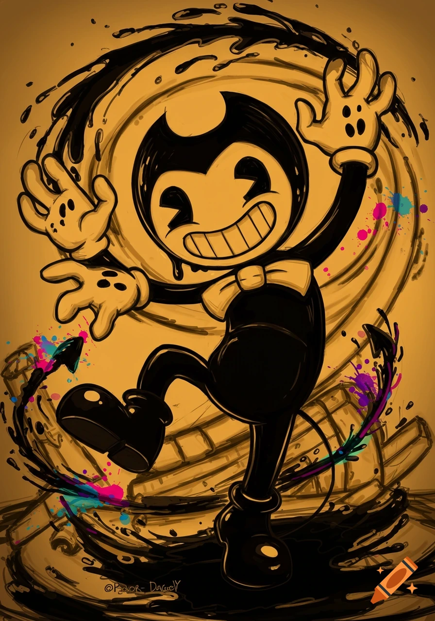 Bendy, a black and white cartoon character, smiles and dances amidst swirling black ink and colorful paint splatters.