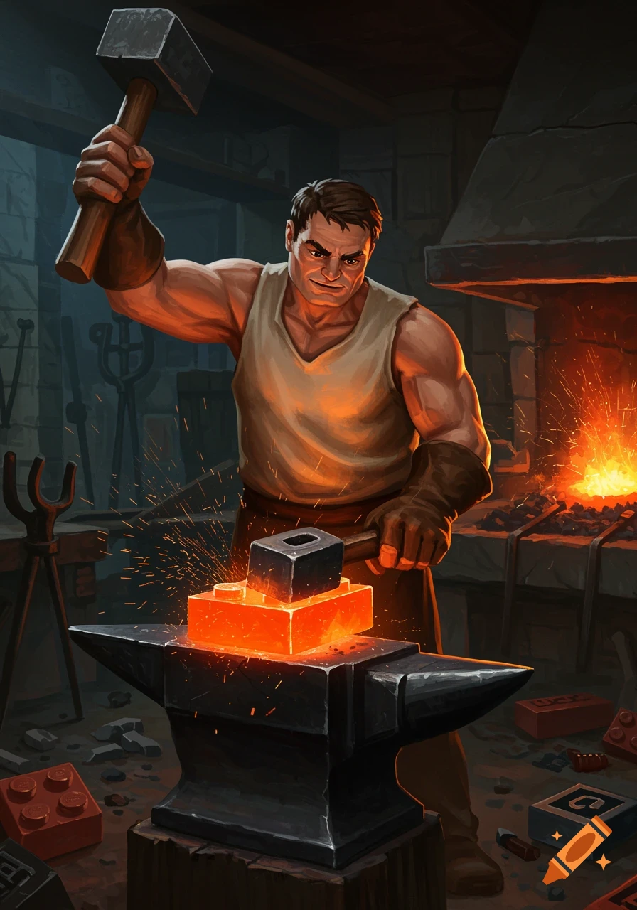 A muscular blacksmith in a dark forge hammers a glowing hot LEGO brick on an anvil, with sparks flying.