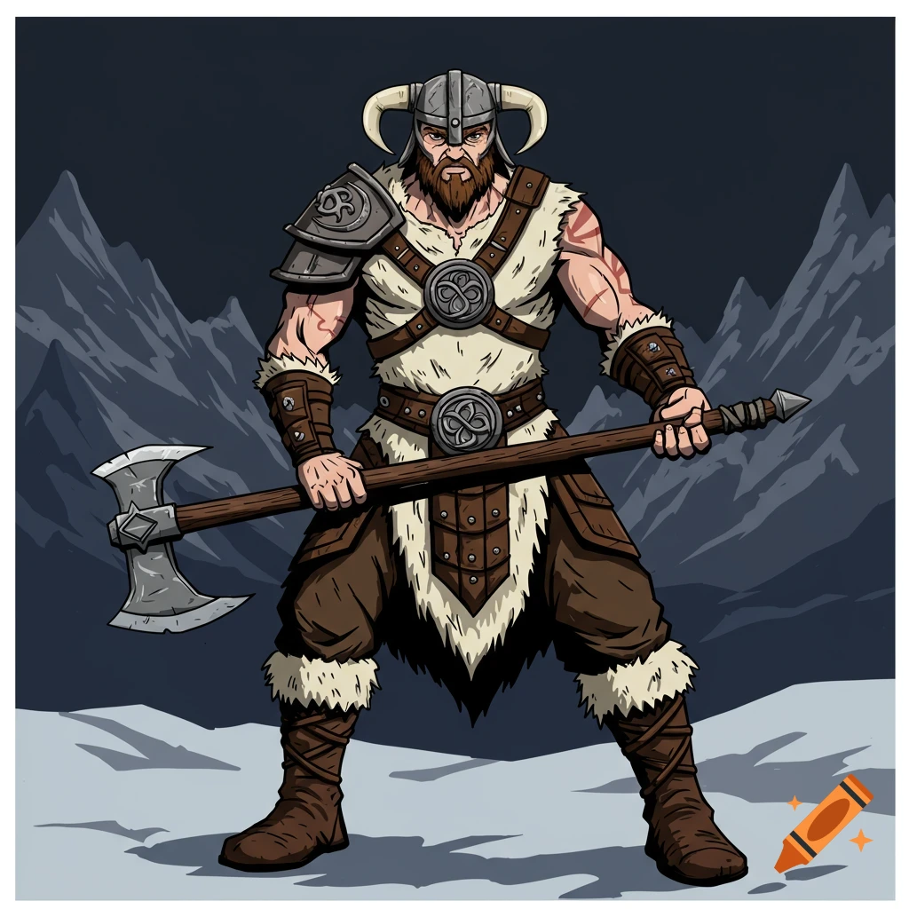 A strong, bearded Viking-like warrior wearing horned helmet and fur armor, holding a large axe, stands in a snowy mountain landscape in vector art style.