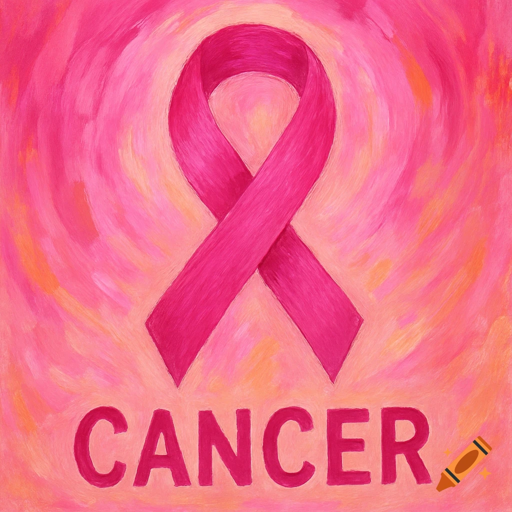 Pink ribbon for cancer awareness with the word CANCER below, in a painted style.