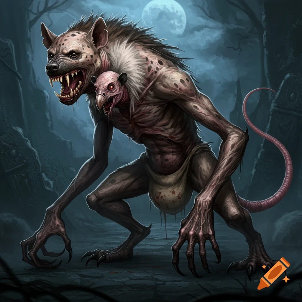A menacing hyena-vulture hybrid monster with a rat tail stands in a dark, moonlit landscape, illustrated in a digital dark fantasy style.