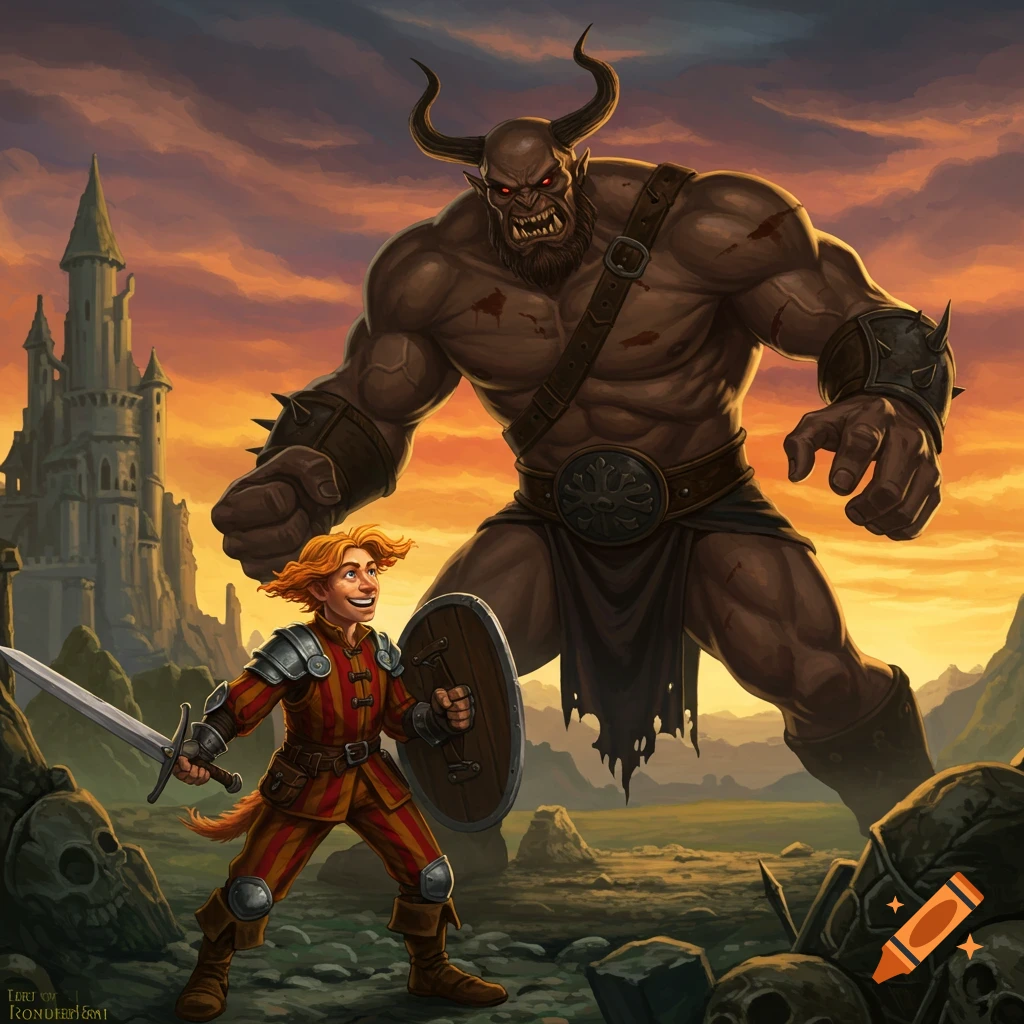 A small warrior with sword and shield faces a giant horned monster on a battlefield with a castle in the background, fantasy illustration.