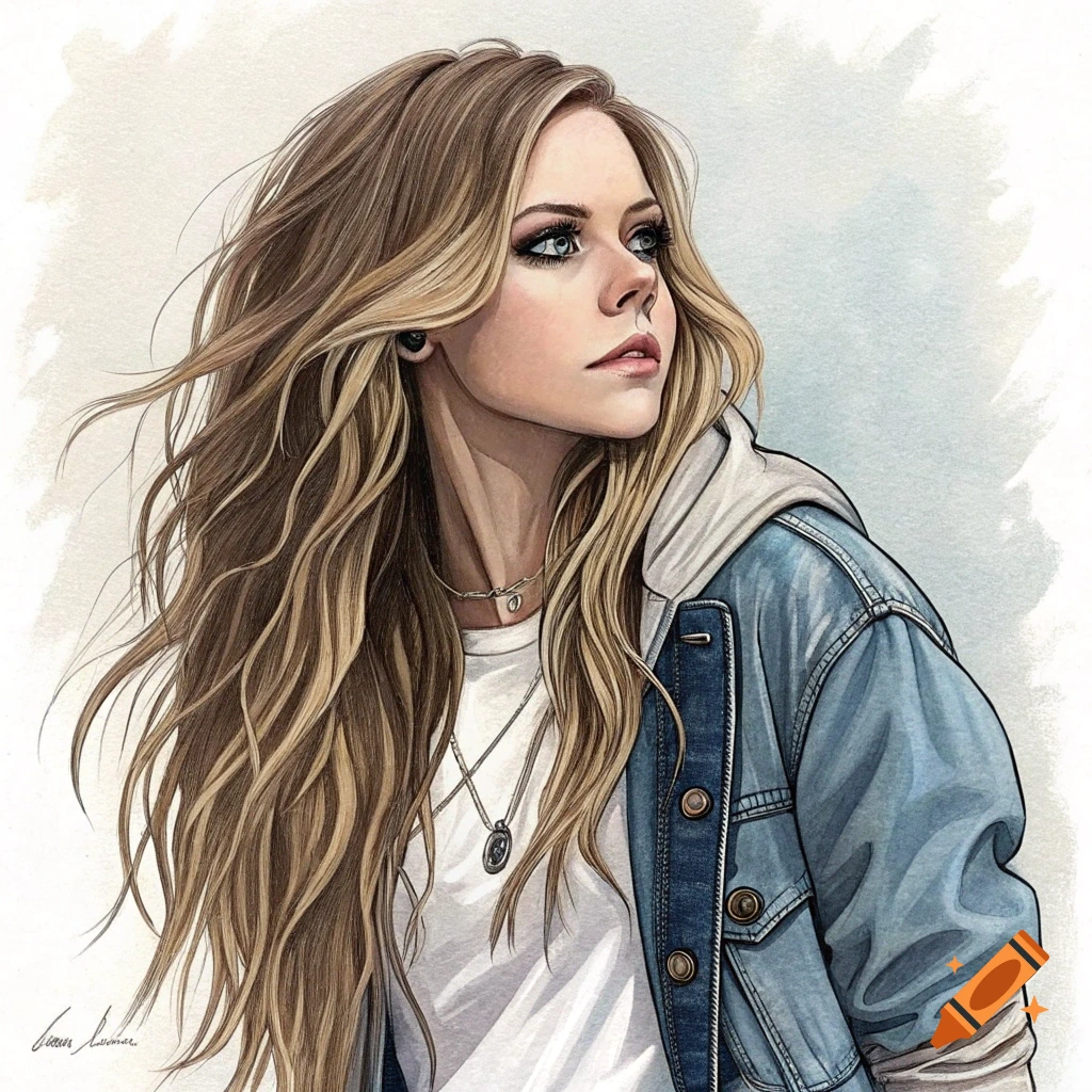 Watercolor portrait of Avril Lavigne with long wavy blonde hair, wearing a white t-shirt and denim jacket, looking up.