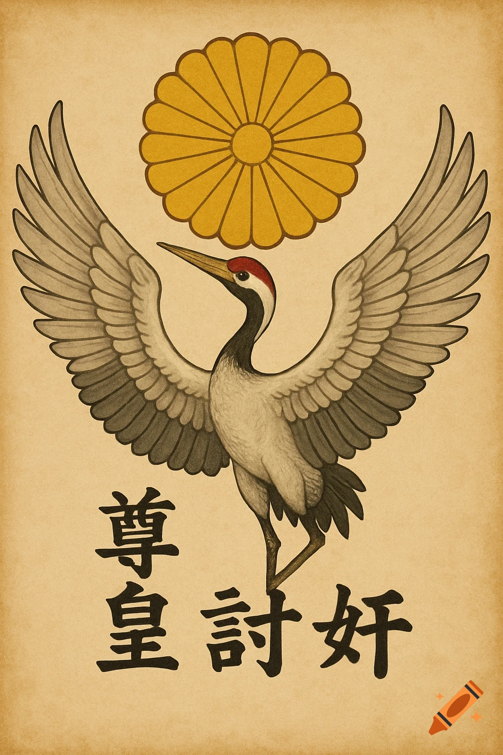 A Japanese crane with spread wings under a gold chrysanthemum symbol, with vertical Japanese text below, on a vintage paper background.