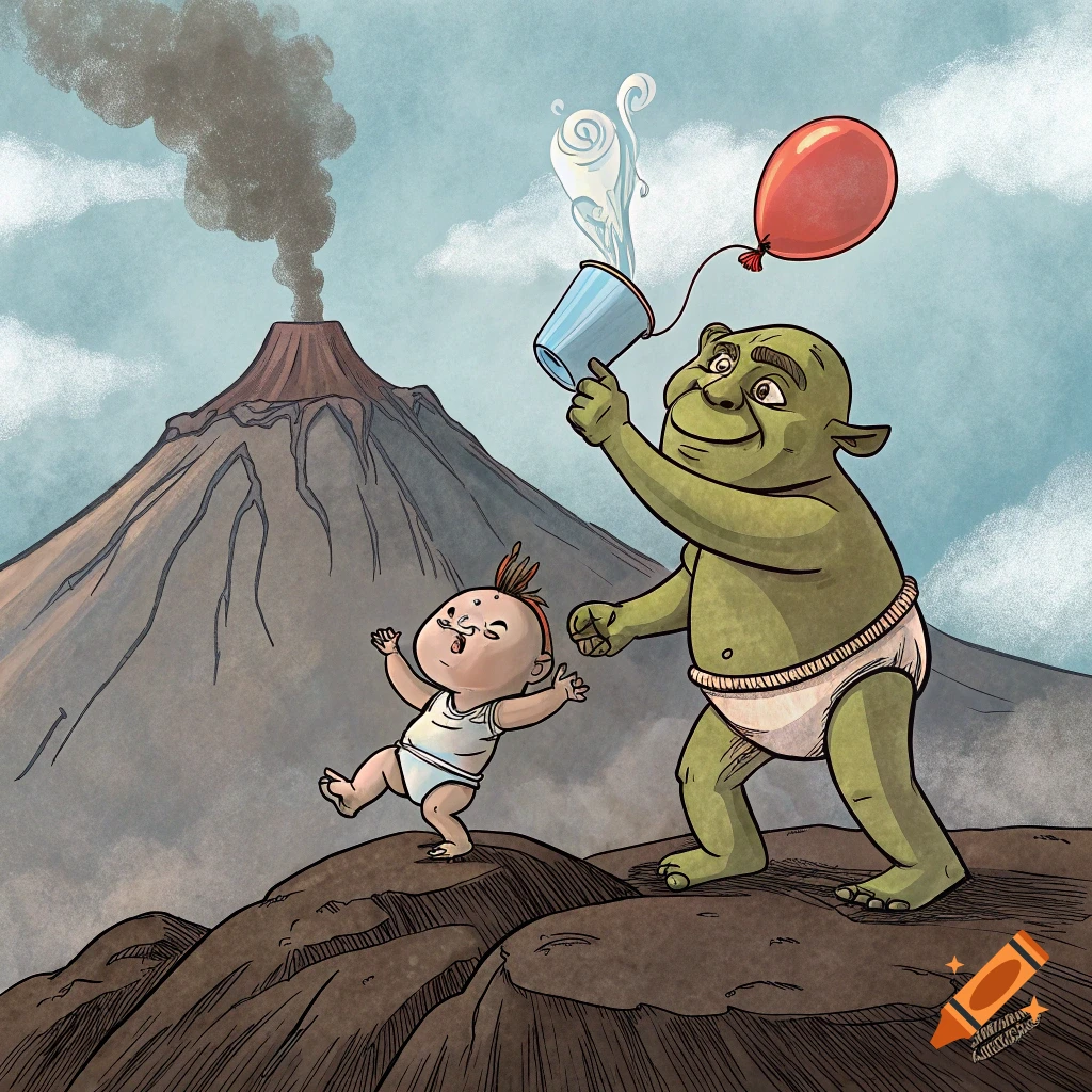A cartoon illustration of a green Shrek-like character in a diaper holding a steaming cup and a red balloon string, standing behind an upset baby in a diaper on a rocky volcano with smoke rising.