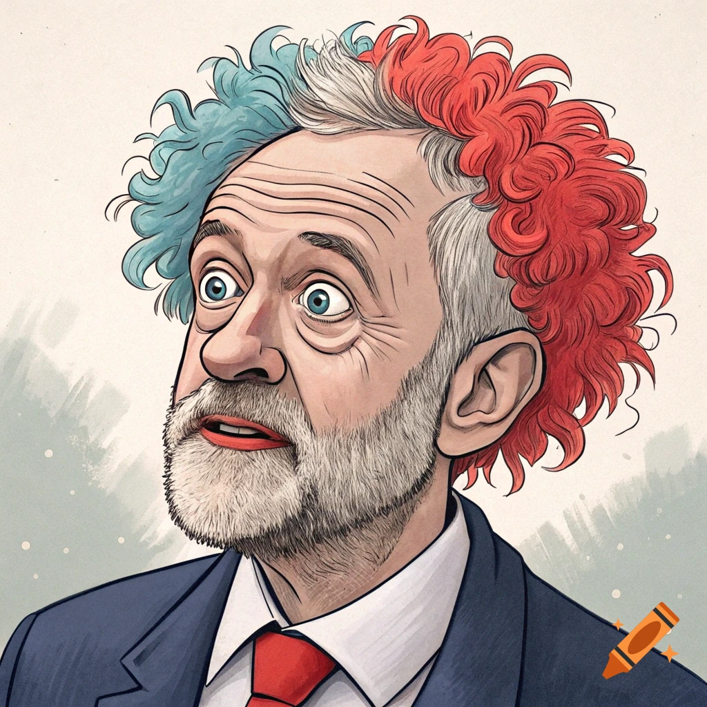 Cartoon caricature portrait of Jeremy Corbyn with curly red, white, and blue hair and wide eyes.