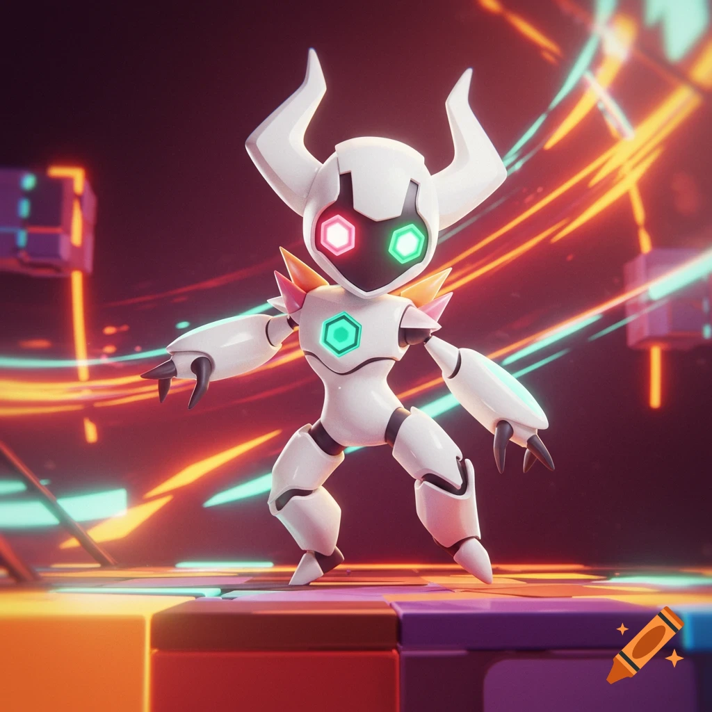 A futuristic white robot with horns and glowing hexagonal eyes, standing on colorful blocks in a neon-lit digital environment.