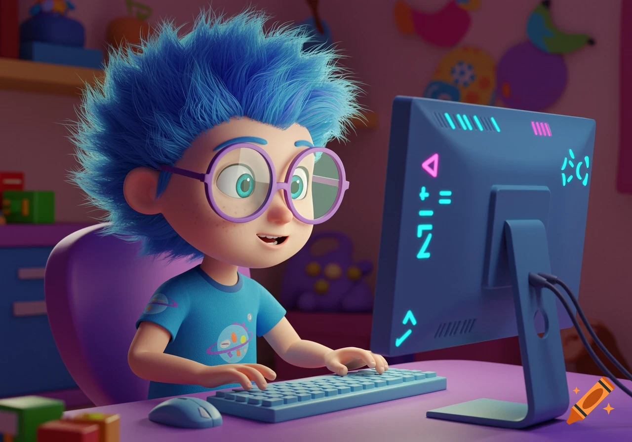 A 3D animated cartoon boy with blue hair and glasses sits at a computer, typing on the keyboard.