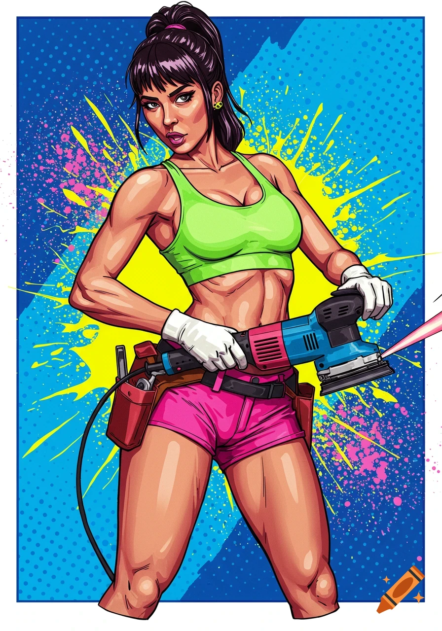 A strong woman in a green sports bra and pink shorts holds an electric sander, in a vibrant pop art style.