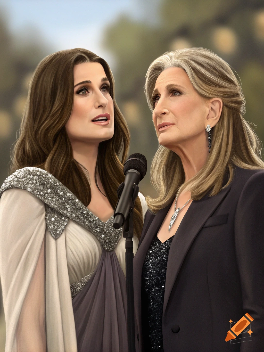 Realistic portrait of two women, one in a sparkly gown and the other in a suit, standing near a microphone.
