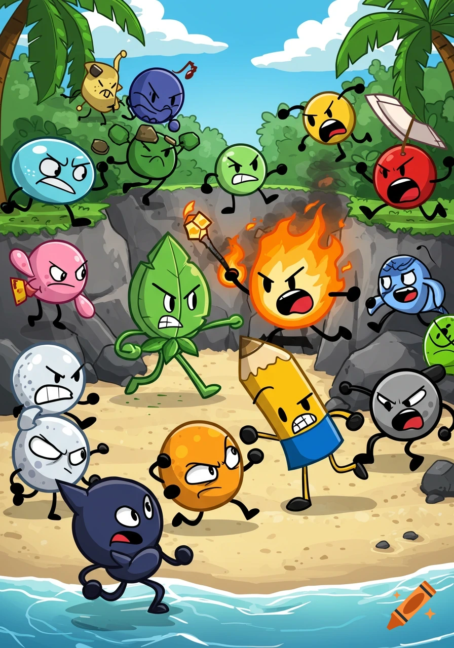 A group of angry object-like cartoon characters battle on a sandy tropical island beach with palm trees and ocean.