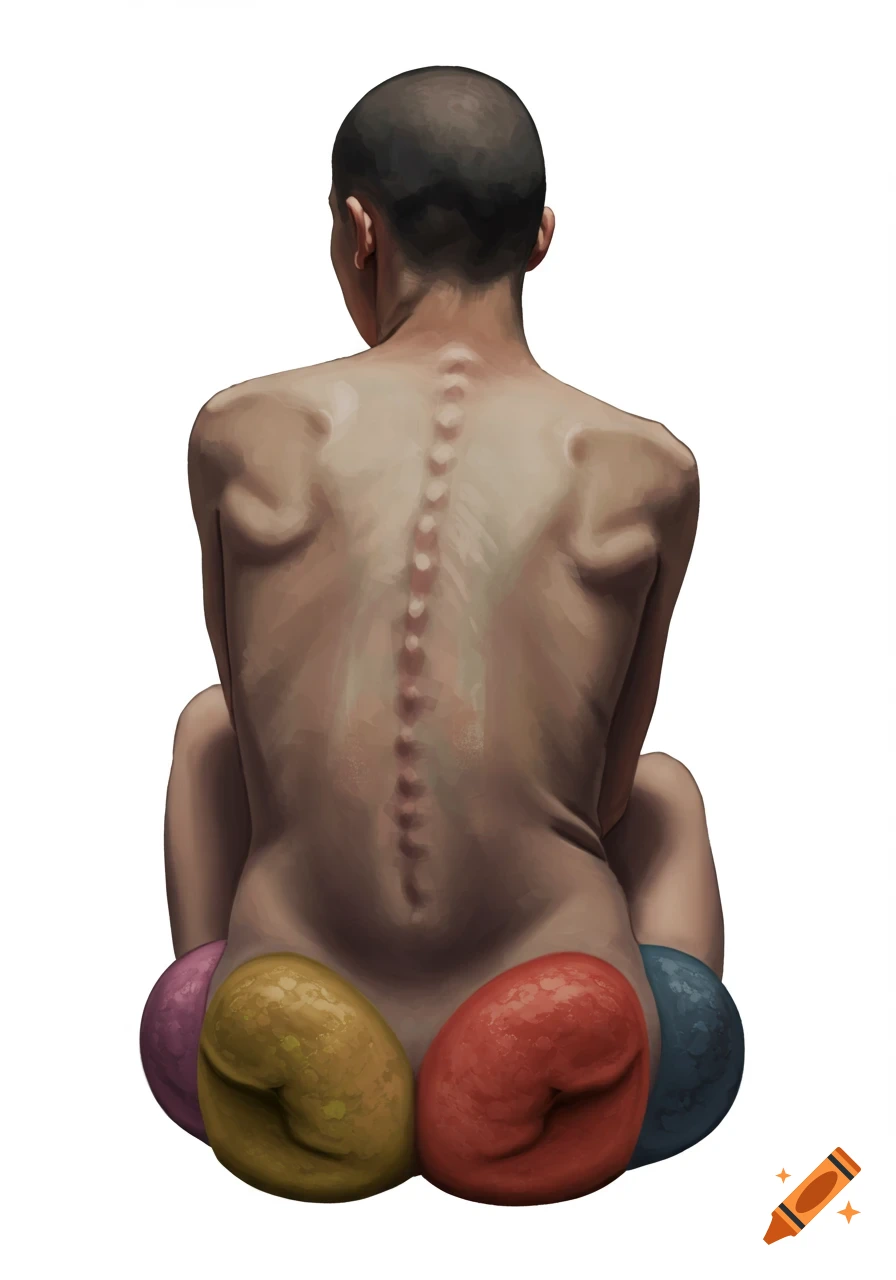 Illustration of a person's back, showing a prominent spine and five large, colorful, rounded forms resembling buttocks below.