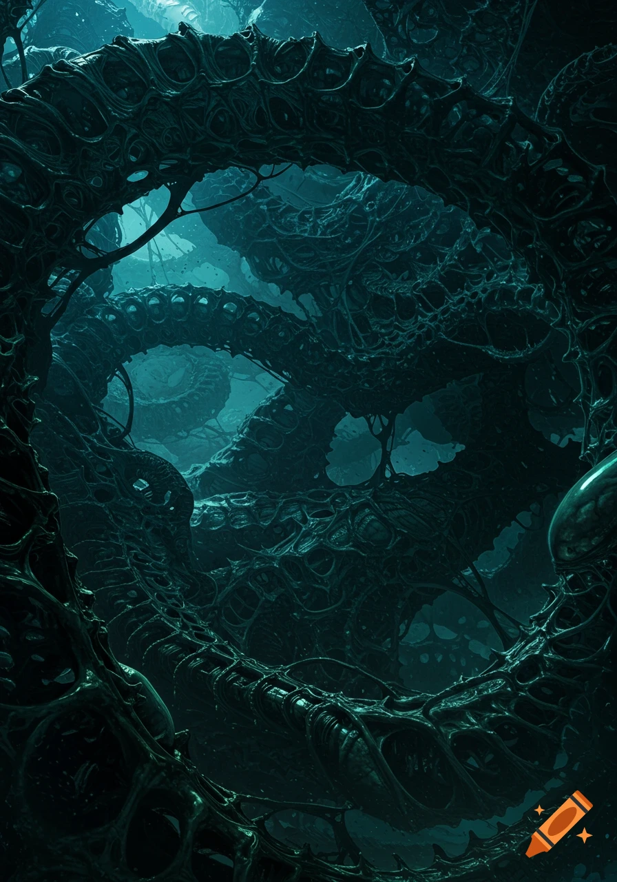 Dark, intricate, organic alien structures form a tunnel or cave system in a biomechanical sci-fi style.
