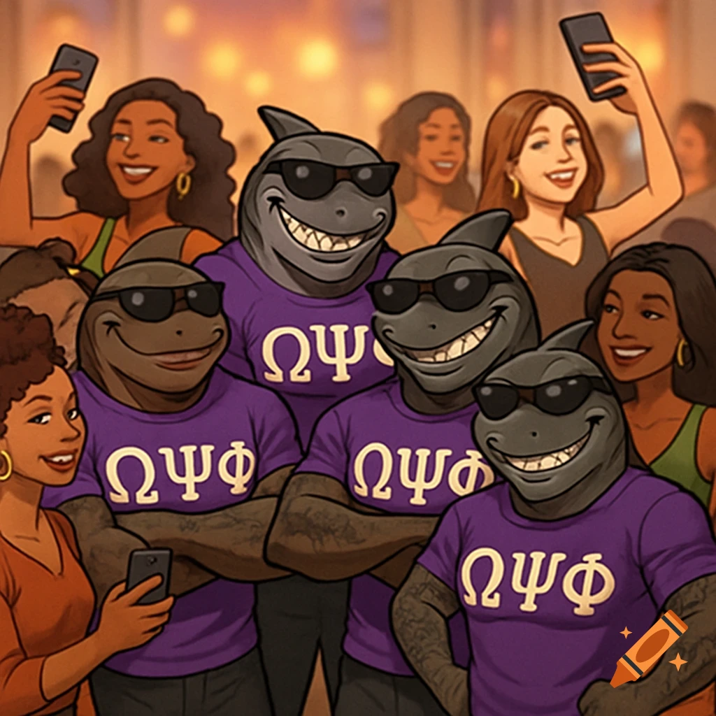 Cartoon group photo of four muscular anthropomorphic sharks in purple T-shirts with Greek letters and sunglasses, with women taking selfies at a party.