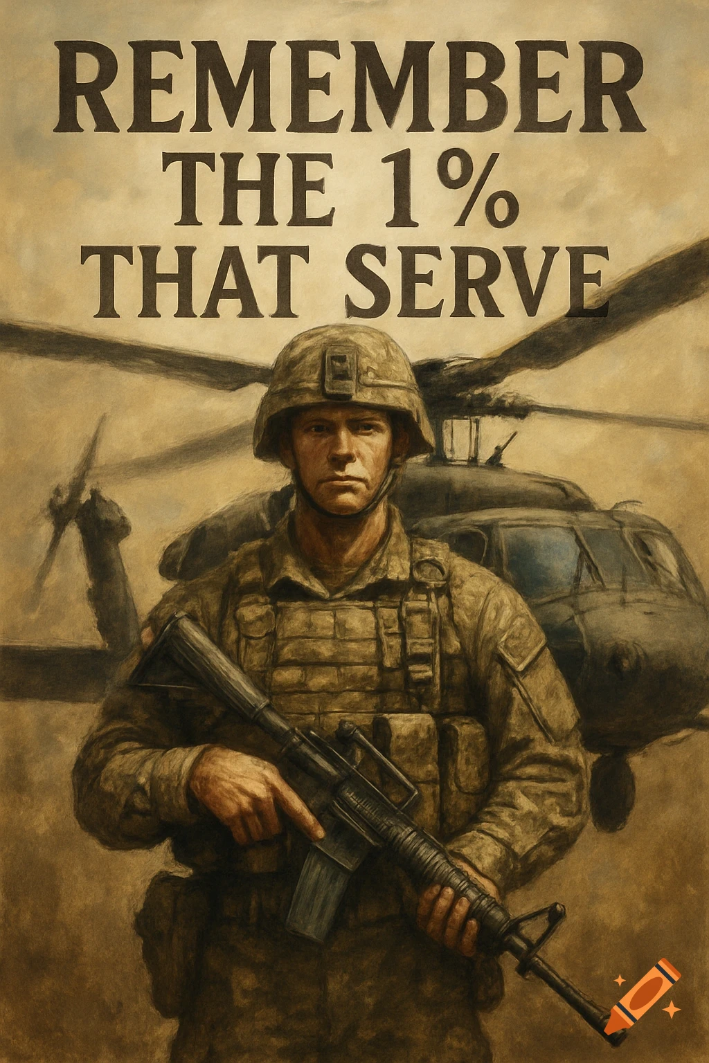 A painterly depiction of a soldier in uniform holding a rifle, standing in front of a helicopter with the text 'REMEMBER THE 1% THAT SERVE' above.