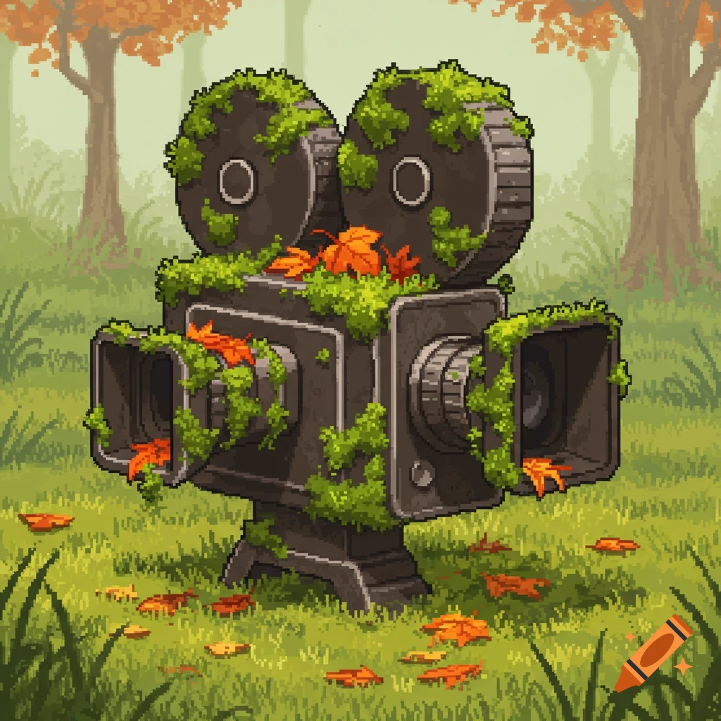 Pixel art of an old movie camera covered in green moss and autumn leaves on a forest floor.