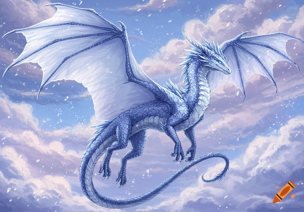 A majestic blue and white ice dragon with large wings flies through a cloudy, snowy sky, digital art.
