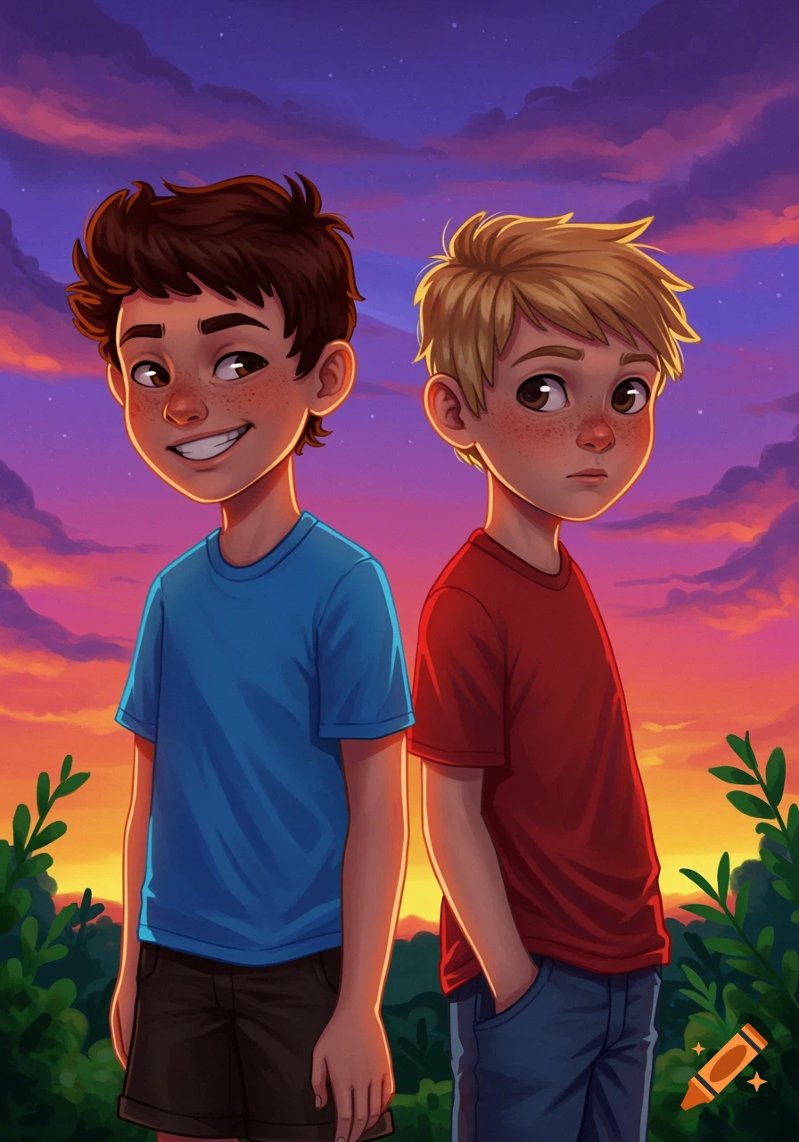 Two cartoon boys stand back-to-back against a vibrant orange and purple sunset sky with green foliage.
