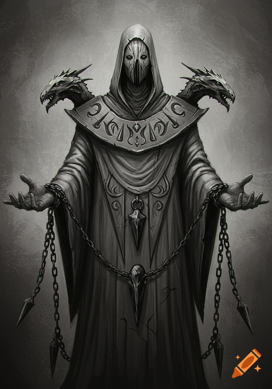 A monochrome, hooded figure with a masked face, draped in a robe adorned with draconic shoulder motifs and obsidian chains, hands outstretched.