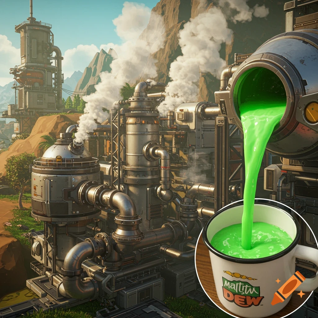 A detailed industrial refinery with smoke billowing from pipes, as bright green liquid pours from a large vat into a white mug.
