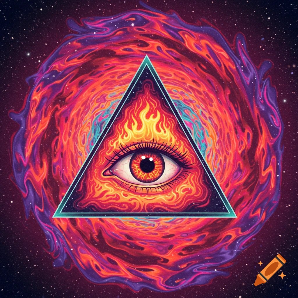 Vibrant psychedelic art of an all-seeing eye with flames inside a triangle, set against a swirling cosmic background.