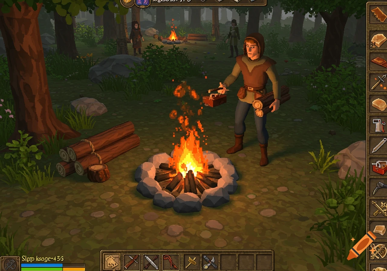 A pixel art video game scene showing a character in a forest making a campfire. The character holds wood and kindling, with other characters and UI elements visible.