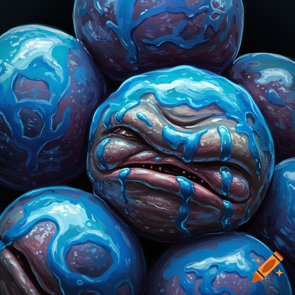 Close-up of several grotesque, blue-goo-covered, alien-like spheres, with one prominent sphere featuring a distorted, wrinkled face.