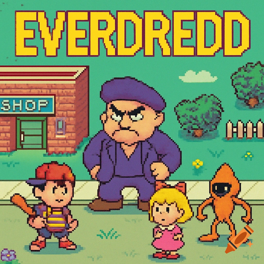 Pixel art scene in EarthBound style featuring a boy with a bat, girl, angry man, and orange creature, with 'EVERDREDD' title.