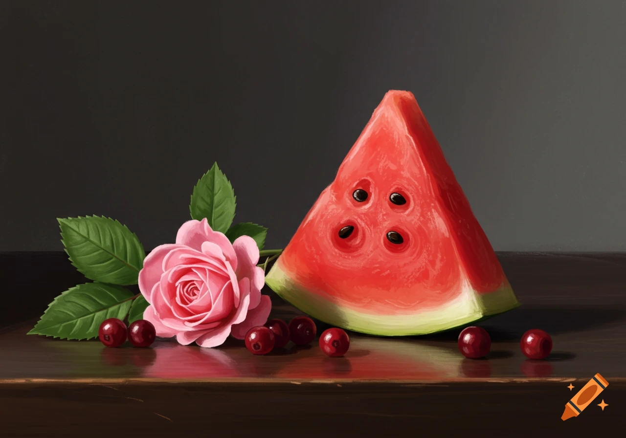 A still life painting of a watermelon slice, a pink rose, and cherries on a dark wooden table.