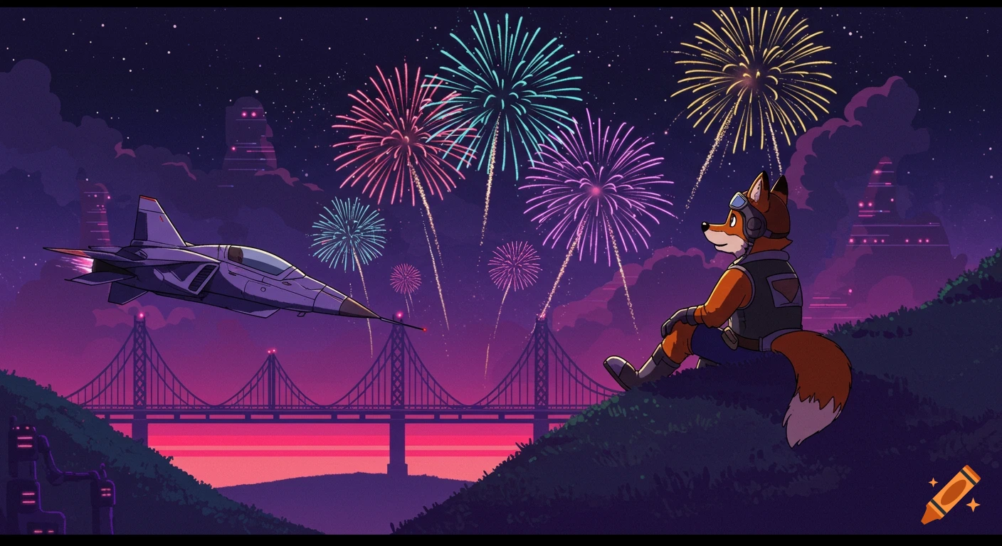 Animated fox pilot on a hill watches fireworks over a cyberpunk bridge and city at night.