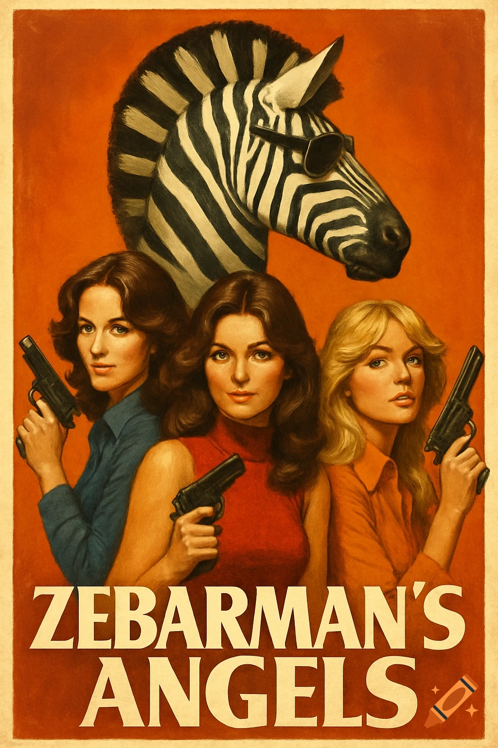 Retro movie poster featuring a zebra in sunglasses above three women holding pistols, with the title 'ZEBARMAN'S ANGELS'.