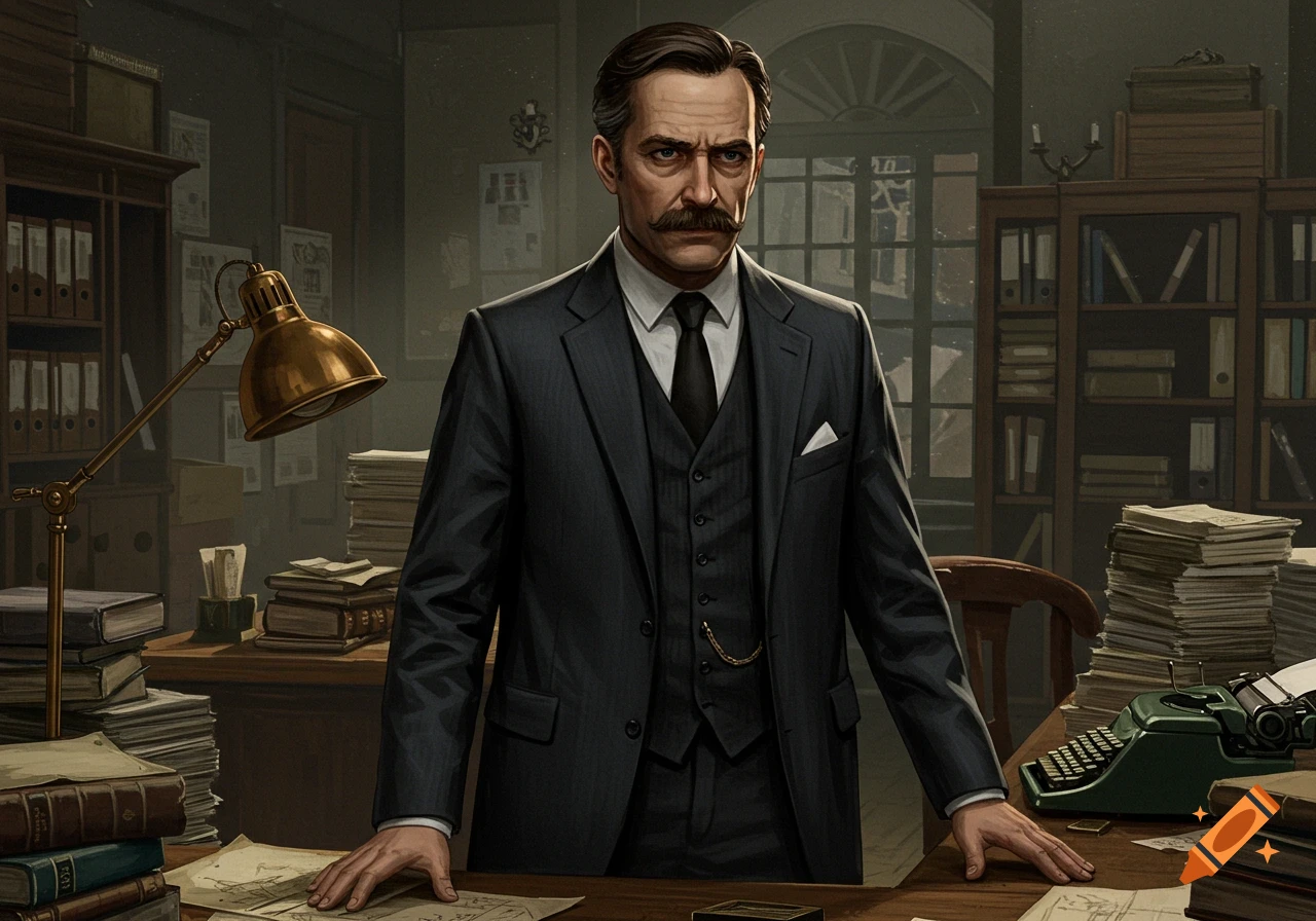 A stern man with a mustache in a dark suit stands behind a cluttered desk in a vintage office, surrounded by books and papers.