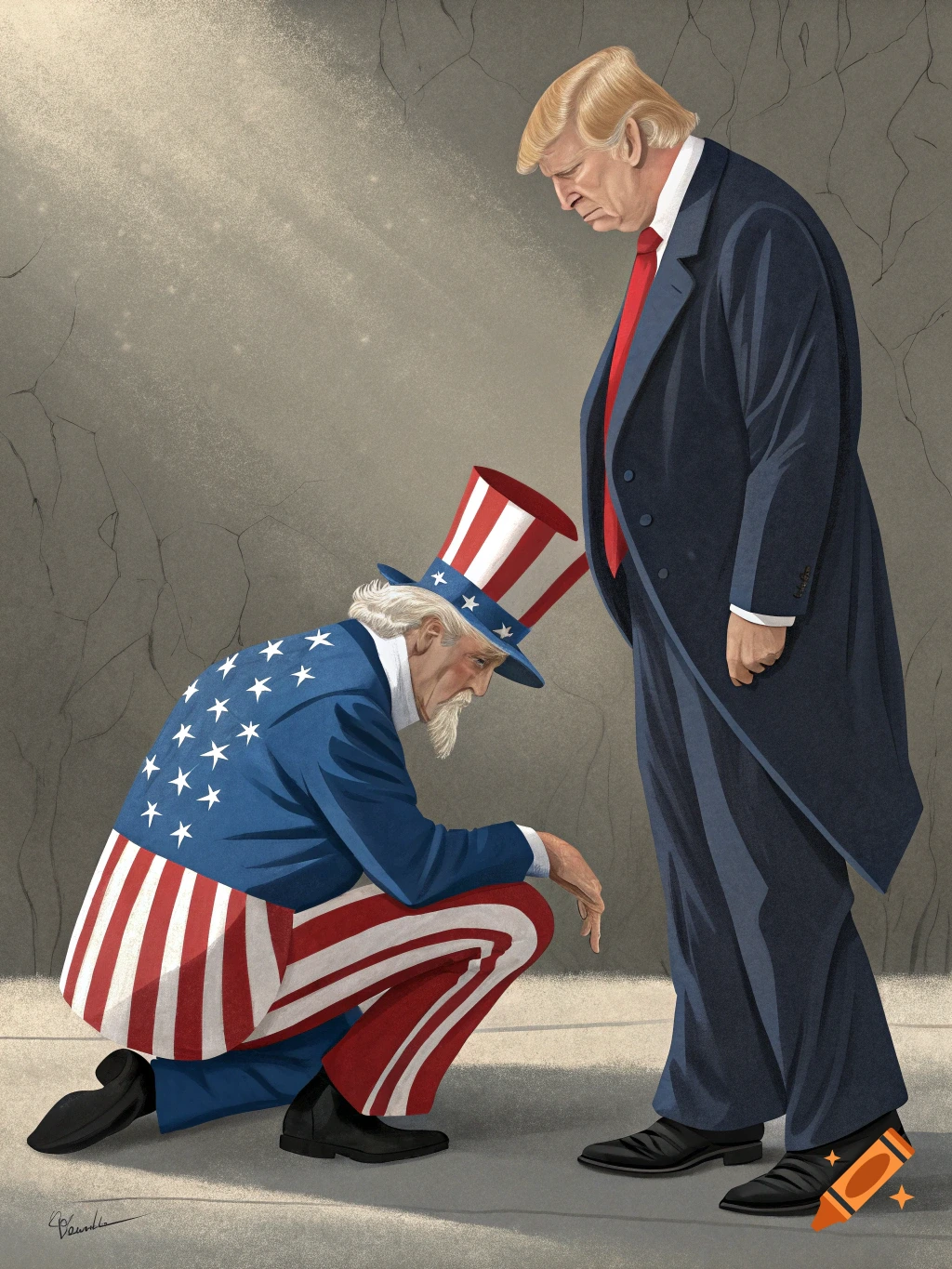 An illustration of a downcast Uncle Sam kneeling before a standing Donald Trump against a textured wall.