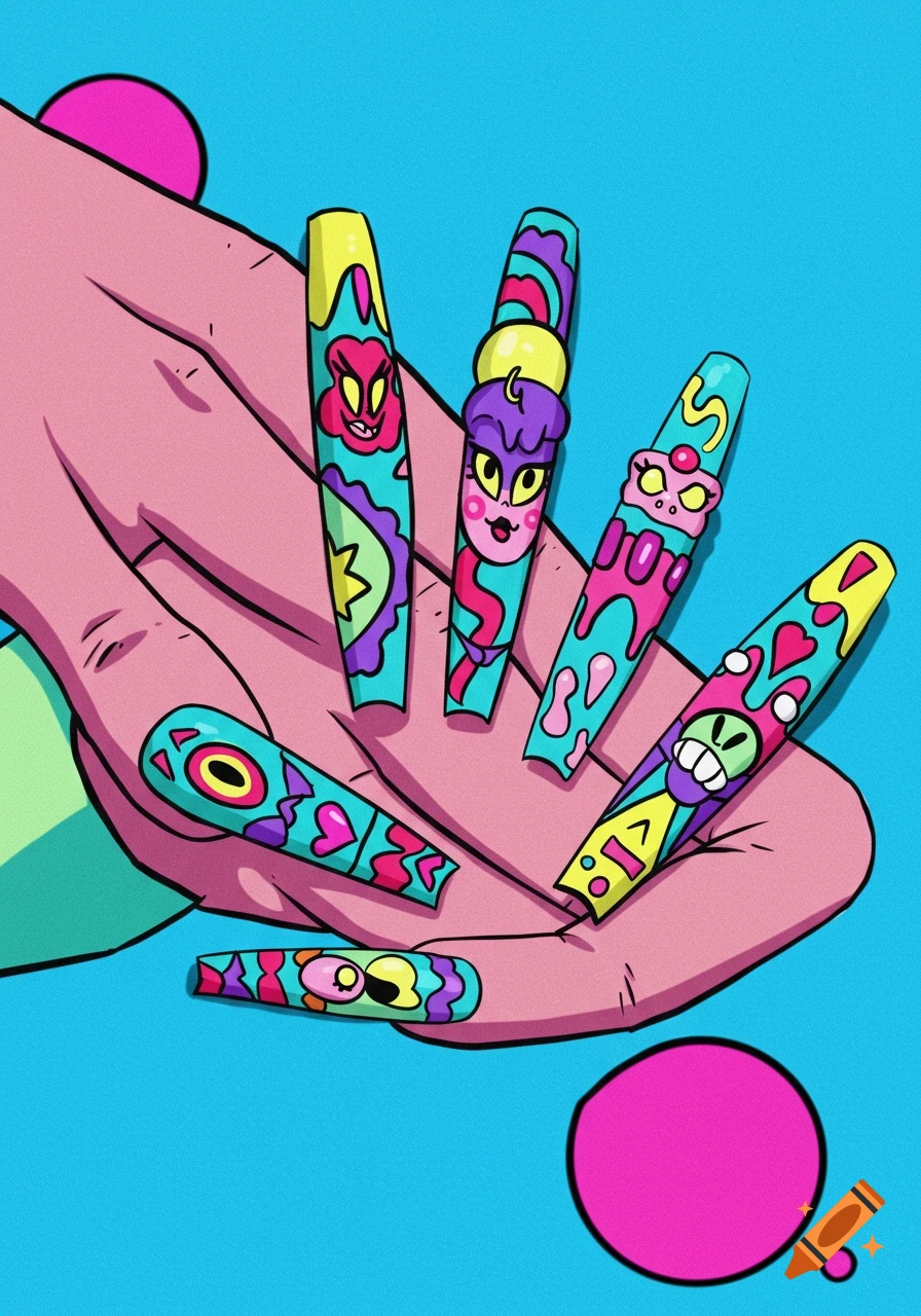 A cartoon illustration of a hand with long, vibrant acrylic nails featuring psychedelic patterns and cartoon faces against a blue background.