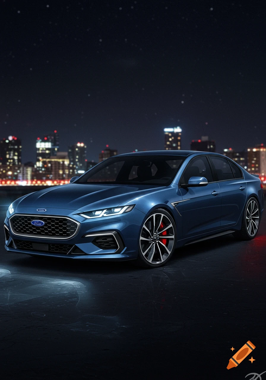 A photorealistic dark blue Ford sedan parked on a city street at night, with a blurred illuminated skyline in the background.
